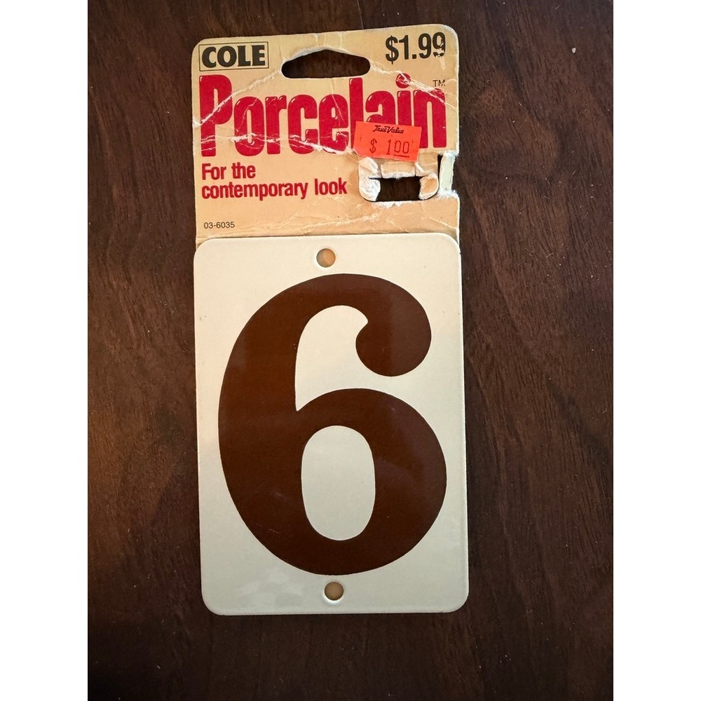 Vintage Cole Porcelain House Number # 6 - Cream & Brown